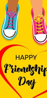 Happy Friendship Day wallpaper with colorful sneakers and heart outline.