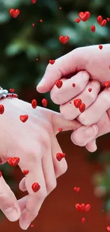 Hands with colorful bracelets linked against a leafy background.