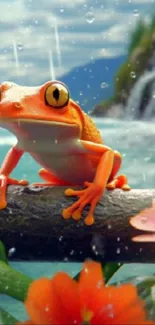 Vibrant frog and flower wallpaper with a waterfall.