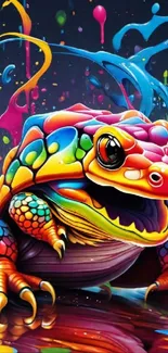 Vibrant and colorful frog art with abstract splashes in a dynamic design.