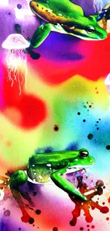 Vibrant watercolor frogs on a colorful abstract background.