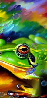 Vibrant green frog with colorful abstract background and bubbles.