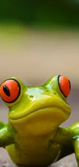 Close-up image of a vibrant green frog with red eyes.