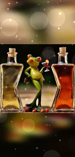 Whimsical frog holding a cocktail between two vintage bottles.