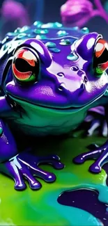 Colorful digital art of a vibrant frog with purple hues.
