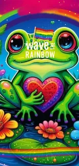 Colorful frog holding heart amid flowers with rainbow hues.