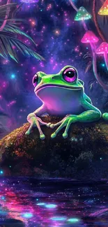 Magical frog amidst glowing mushrooms in fantasy art.