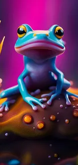 Colorful neon frog on a mystical jungle rock.