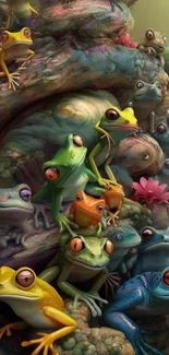 Group of colorful frogs in a digital art piece.