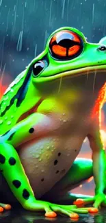 Vibrant green frog in the rain, colorful mobile wallpaper.