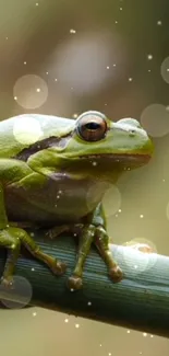 A green frog perched on a bamboo branch with soft bokeh lights.