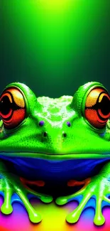 Colorful neon frog with vibrant green hues and bright contrasting colors.