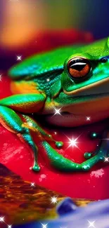 Vibrant green frog on a red flower with colorful background.