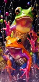 Vibrant frogs splashing in colorful water with dynamic hues.