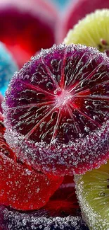 Closeup of vibrant, frosted citrus slices in bold colors.