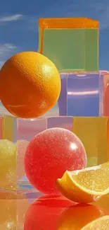 Colorful arrangement of fruits and translucent blocks against a sky backdrop.