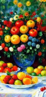 Vibrant bouquet of flowers with fruits on a table.