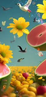 Vibrant image of watermelons and flowers with birds in a fantasy scene.