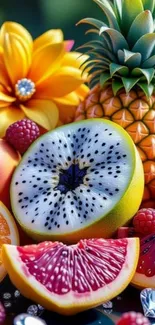 Colorful fruits and vibrant flowers mobile wallpaper.