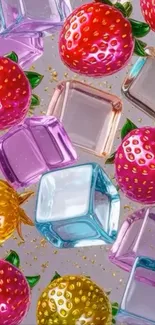 Colorful strawberries and ice cubes on a purple background.