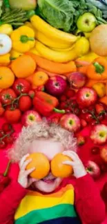 Joyful child in rainbow shirt with vibrant fruits around.