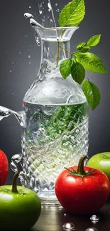 Vibrant wallpaper featuring colorful fruits with water splash and green leaves.