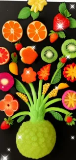 Colorful fruit art on black background mobile wallpaper.