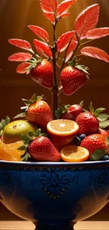 Vibrant fruit art with strawberries and oranges in blue bowl.