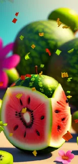 Colorful fruit art wallpaper with watermelon and kiwi.