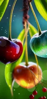 Vibrant cherries and leaves with artistic colors on mobile wallpaper.