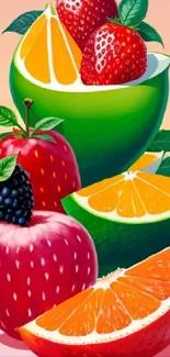 Vibrant fruit art with strawberries and oranges on a peach background.