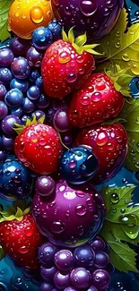 Colorful fruit art wallpaper with grapes and strawberries.