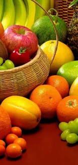 Bright and colorful fruits in a basket arranged beautifully for wallpaper.