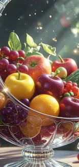 A vibrant basket of colorful fruits illuminated by sunlight.