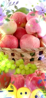 Mobile wallpaper with apples, grapes, emojis, and flowers in a basket.