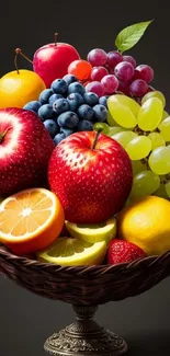 Vibrant fruit basket with apples and grapes in sunlight.