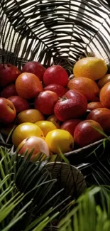 Colorful fruits in a woven basket wallpaper.