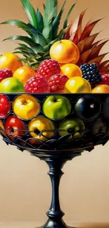 Elegant basket overflowing with vibrant, colorful fruits as mobile wallpaper.