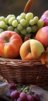 Colorful fruit basket with apples and grapes.
