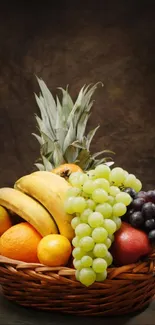 Vibrant fruit basket with tropical fruits against a dark background.