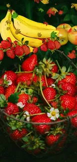 Vibrant wallpaper with strawberries, bananas, and apples in a basket.