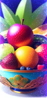 Vibrant fruit bowl with colorful fruits like oranges, apples, and berries.