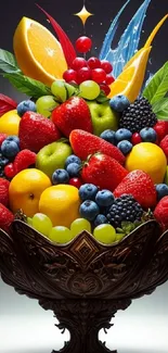 A striking ornate bowl filled with vibrant and colorful fruits on a gray background.