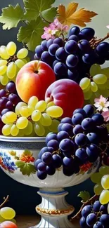 Vibrant fruit bowl art with grapes and apples in a decorative bowl.