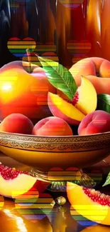 Vibrant fruit bowl with peaches and pomegranates in rich colors.