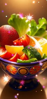 Vibrant bowl of fresh fruits and greens, perfect phone wallpaper.