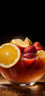 Vibrant fruit bowl with oranges and strawberries against a dark background.