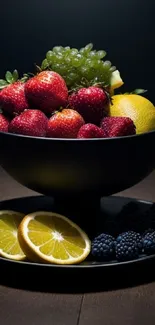 Vibrant fruit bowl with strawberries and lemons in a dark setting.