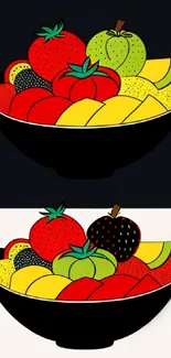 Vibrant fruit bowl illustration with colorful fruits in a black bowl.