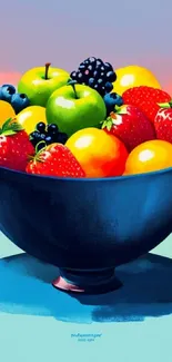 Vibrant bowl of assorted fruits in a deep blue bowl on a colorful background.